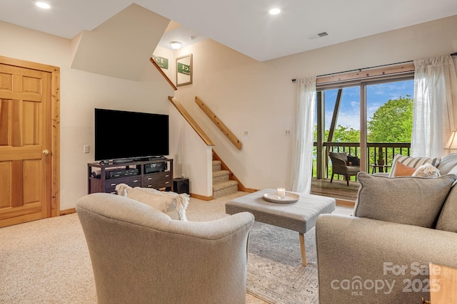 61 Ivy Ridge Rd, Burnsville, NC 28714 - carpeted living room featuring stairs, recessed lighting, and baseboards