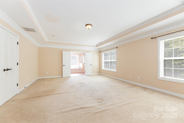 4504 Rockland Ct, High Point, NC 27265 - empty room with crown molding, a raised ceiling, light carpet, plenty of natural light, and baseboards