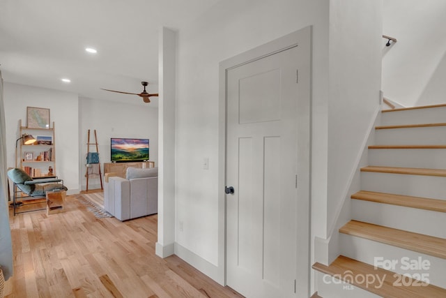 30 Spaulding Dr, Candler, NC 28715 - stairs with a ceiling fan, wood finished floors, recessed lighting, and baseboards