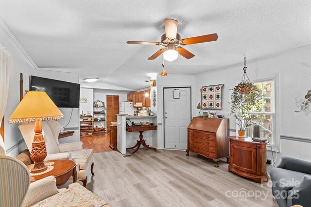 3755 River Rd, Richfield, NC 28137 - living room with a ceiling fan, light wood finished floors, a textured ceiling, ornamental molding, and vaulted ceiling