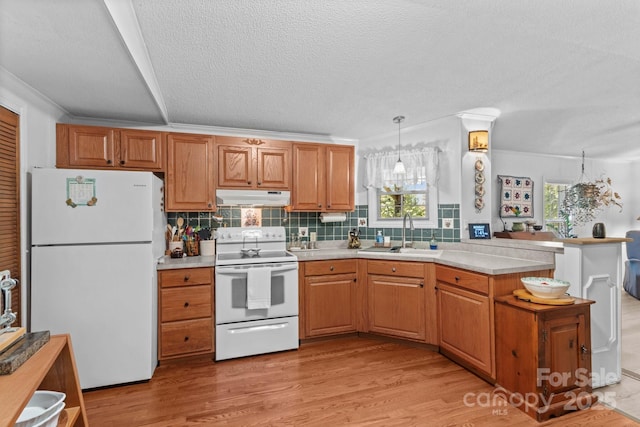 3755 River Rd, Richfield, NC 28137 - kitchen with white appliances, a sink, under cabinet range hood, a peninsula, and plenty of natural light