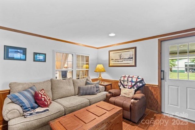 3755 River Rd, Richfield, NC 28137 - living area featuring a wainscoted wall, crown molding, wood finished floors, and wooden walls
