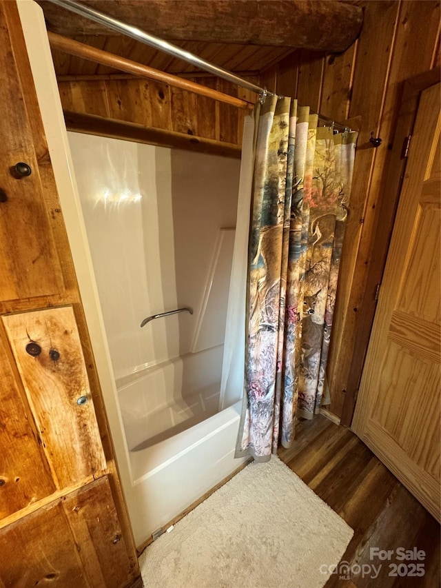 7348 Joe Johnson St, Newland, NC 28657 - full bathroom with shower / bathtub combination with curtain and wood finished floors