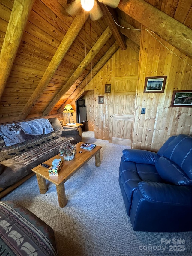7348 Joe Johnson St, Newland, NC 28657 - living area with carpet flooring, wood walls, and ceiling fan