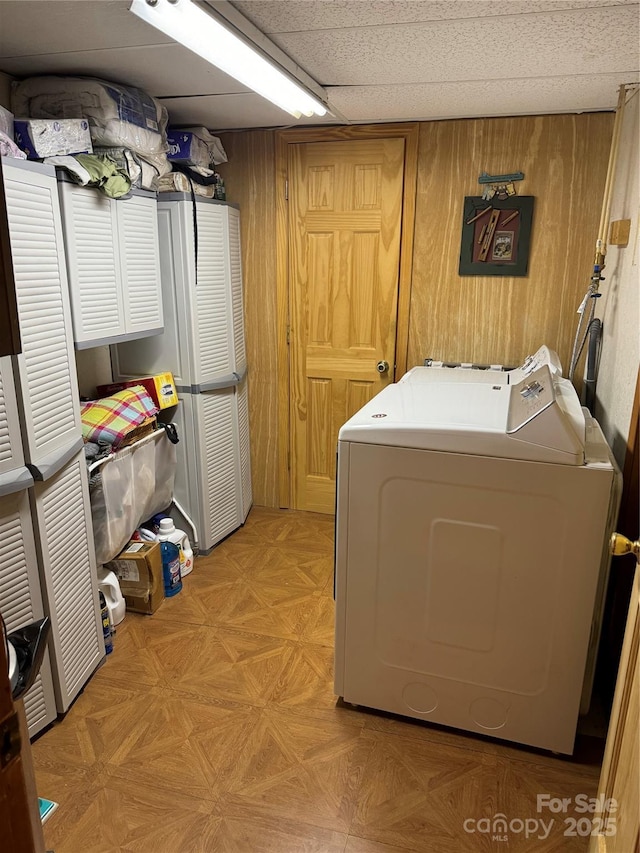 7348 Joe Johnson St, Newland, NC 28657 - laundry area featuring washer / dryer, laundry area, and wooden walls