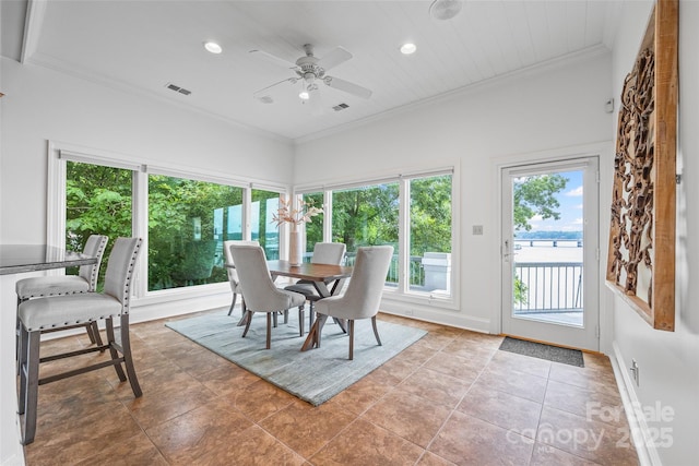 16108 Woolwine Rd, Charlotte, NC 28278 - tiled dining room featuring healthy amount of natural light, ornamental molding, a ceiling fan, and recessed lighting
