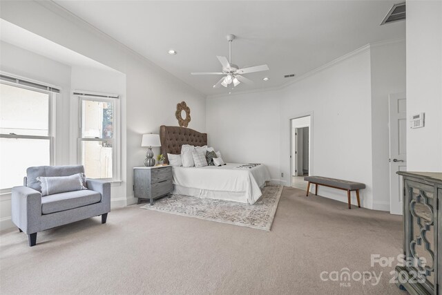 16108 Woolwine Rd, Charlotte, NC 28278 - bedroom featuring light carpet, ornamental molding, recessed lighting, baseboards, and a ceiling fan