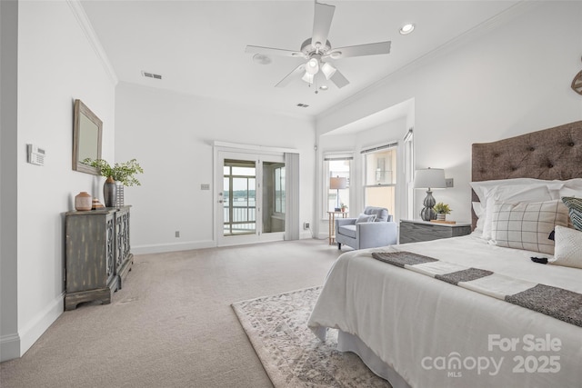 16108 Woolwine Rd, Charlotte, NC 28278 - carpeted bedroom with ornamental molding, baseboards, access to exterior, recessed lighting, and a ceiling fan
