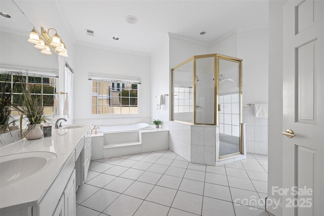 16108 Woolwine Rd, Charlotte, NC 28278 - full bath featuring a shower stall, a bath, tile patterned flooring, double vanity, and ornamental molding