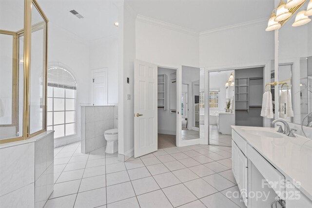 16108 Woolwine Rd, Charlotte, NC 28278 - full bath featuring vanity, tile patterned floors, ornamental molding, toilet, and a chandelier