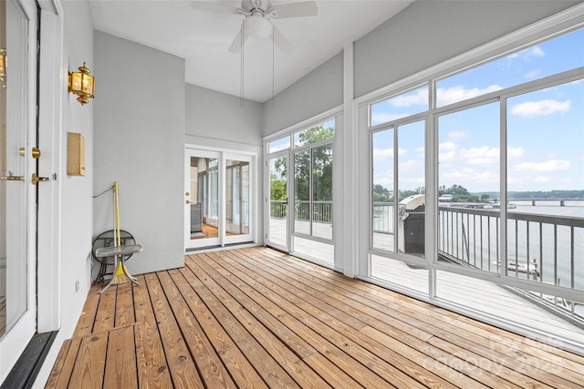 16108 Woolwine Rd, Charlotte, NC 28278 - unfurnished sunroom featuring a water view, a ceiling fan, and french doors