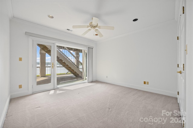 16108 Woolwine Rd, Charlotte, NC 28278 - empty room featuring carpet floors, crown molding, baseboards, a water view, and a ceiling fan
