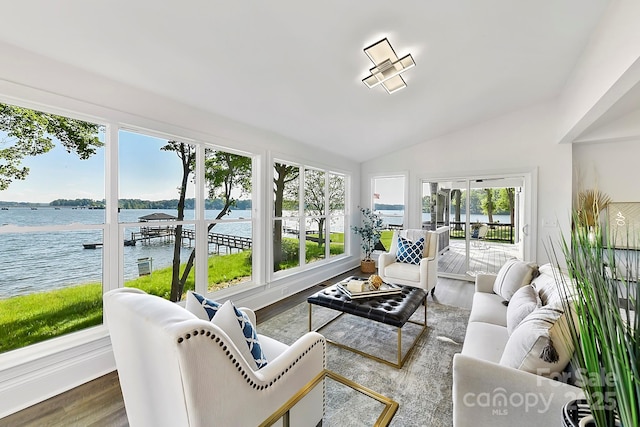 9115 Clement Cir, Terrell, NC 28682 - sunroom / solarium featuring a water view, vaulted ceiling, and wood finished floors