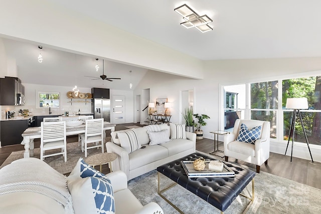 9115 Clement Cir, Terrell, NC 28682 - living room with vaulted ceiling, wood finished floors, and ceiling fan