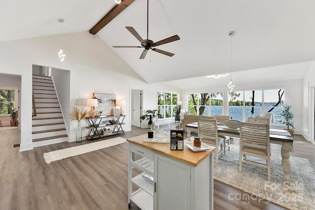 9115 Clement Cir, Terrell, NC 28682 - living area with healthy amount of natural light, high vaulted ceiling, beam ceiling, ceiling fan, and wood finished floors