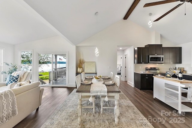 9115 Clement Cir, Terrell, NC 28682 - dining area with high vaulted ceiling, ceiling fan, dark wood-style floors, beamed ceiling, and baseboards
