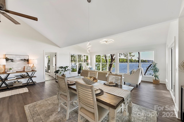 9115 Clement Cir, Terrell, NC 28682 - dining space featuring wood finished floors, a ceiling fan, a water view, and high vaulted ceiling