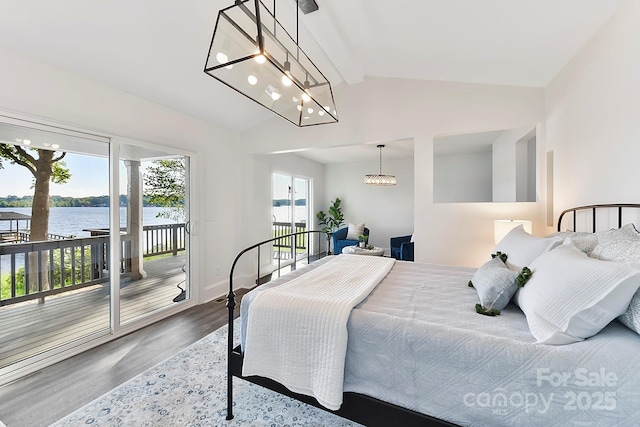 9115 Clement Cir, Terrell, NC 28682 - bedroom with a chandelier, access to outside, wood finished floors, a water view, and baseboards