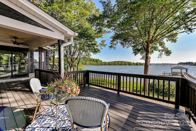 9115 Clement Cir, Terrell, NC 28682 - wooden deck featuring a water view and a ceiling fan