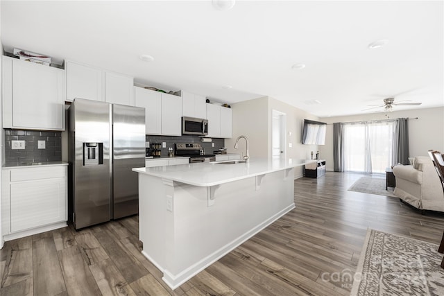 2754 Legacy Ridge Ln, Catawba, NC 28609 - kitchen with appliances with stainless steel finishes, open floor plan, dark wood-type flooring, backsplash, and light countertops