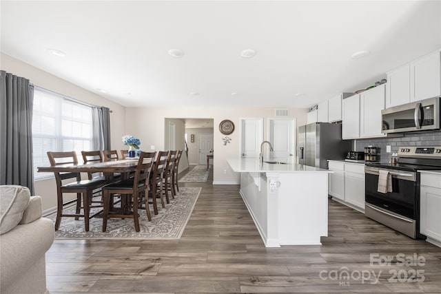 2754 Legacy Ridge Ln, Catawba, NC 28609 - kitchen with appliances with stainless steel finishes, a sink, baseboards, a kitchen island with sink, and backsplash