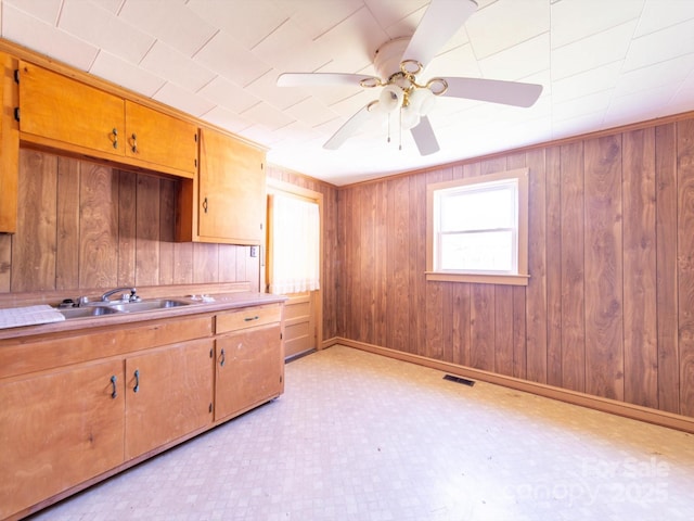 1470 Hilltop St, Albemarle, NC 28001 - kitchen featuring light floors, ceiling fan, visible vents, wood walls, and light countertops