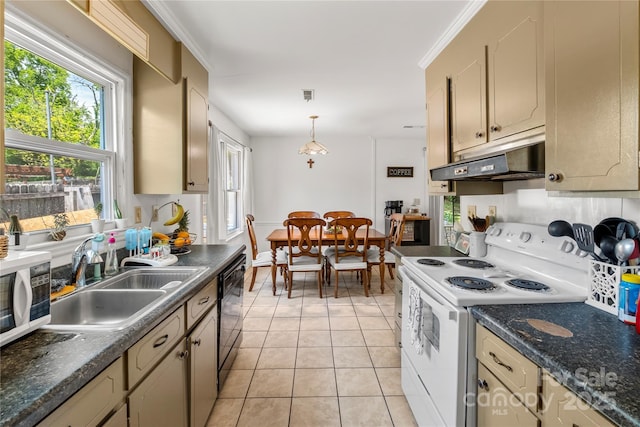 kitchen with a sink, dark countertops, white appliances, under cabinet range hood, and light tile patterned flooring