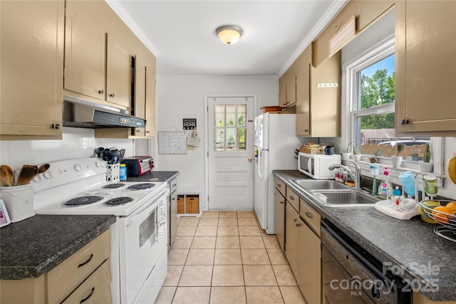 kitchen with a sink, dark countertops, a healthy amount of sunlight, white appliances, and under cabinet range hood