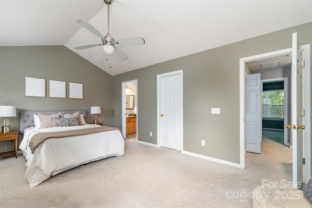 10421 Columbia Crest Ct, Charlotte, NC 28270 - bedroom featuring light carpet, lofted ceiling, connected bathroom, and a ceiling fan