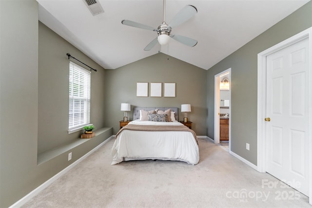 10421 Columbia Crest Ct, Charlotte, NC 28270 - bedroom with lofted ceiling, light colored carpet, connected bathroom, and a ceiling fan