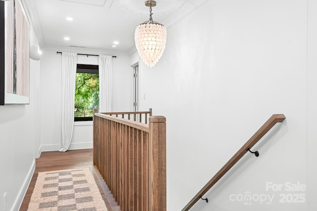 4316 Old Saybrook Ct, Charlotte, NC 28211 - stairs featuring wood finished floors, recessed lighting, baseboards, ornamental molding, and a chandelier