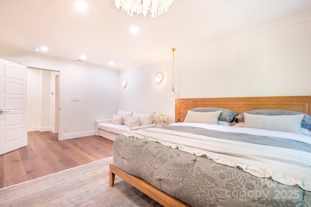 4316 Old Saybrook Ct, Charlotte, NC 28211 - bedroom with wood finished floors, crown molding, a chandelier, baseboards, and recessed lighting