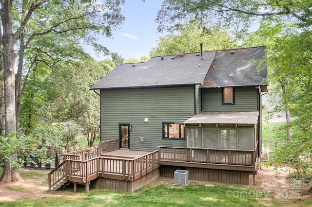 4316 Old Saybrook Ct, Charlotte, NC 28211 - back of house with a sunroom, roof with shingles, central air condition unit, a deck, and a lawn