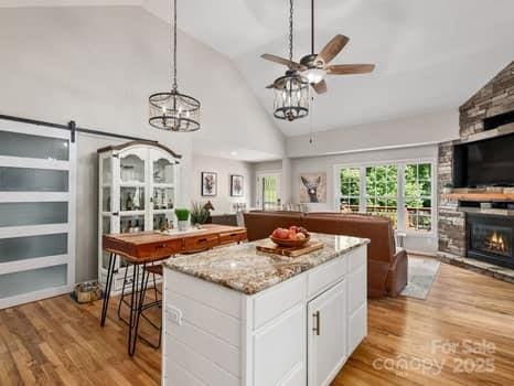 55 Christine Ct, Waynesville, NC 28786 - kitchen featuring open floor plan, light wood-style floors, a fireplace, high vaulted ceiling, and a kitchen island
