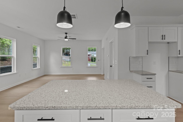 518 Herms Ave, Mount Holly, NC 28120 - kitchen with light wood-style floors, a ceiling fan, healthy amount of natural light, and light stone counters