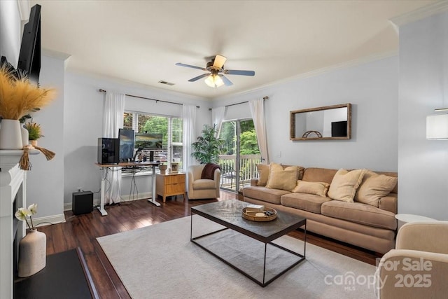 5730 Closeburn Rd Unit H, Charlotte, NC 28210 - living area featuring a ceiling fan, ornamental molding, wood finished floors, and baseboards