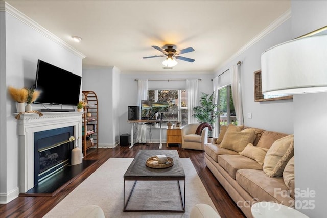 5730 Closeburn Rd Unit H, Charlotte, NC 28210 - living room featuring a ceiling fan, wood finished floors, crown molding, a glass covered fireplace, and baseboards