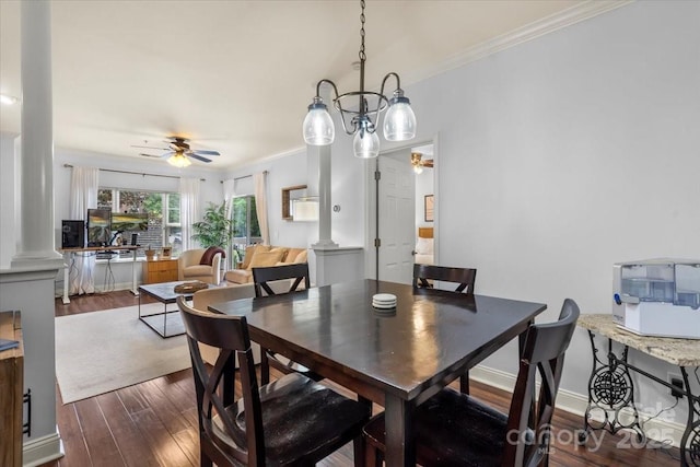 5730 Closeburn Rd Unit H, Charlotte, NC 28210 - dining room featuring a ceiling fan, dark wood-type flooring, crown molding, ornate columns, and baseboards