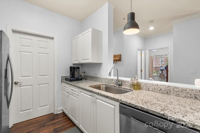 5730 Closeburn Rd Unit H, Charlotte, NC 28210 - kitchen with a sink, stainless steel refrigerator with ice dispenser, dishwasher, white cabinets, and crown molding