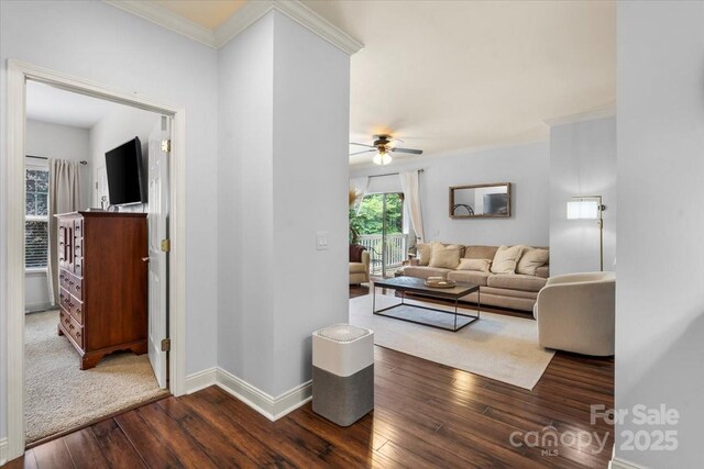 5730 Closeburn Rd Unit H, Charlotte, NC 28210 - living room featuring hardwood / wood-style flooring, a ceiling fan, crown molding, and baseboards