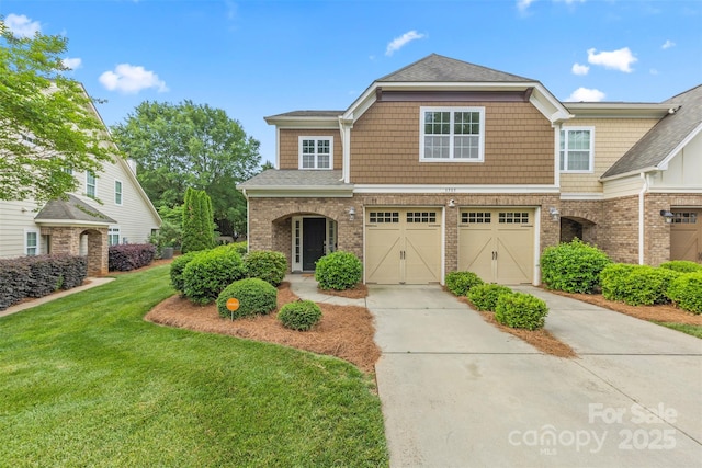 8505 Loxton Cir, Charlotte, NC 28214 - view of front facade featuring an attached garage, brick siding, driveway, a front lawn, and a shingled roof