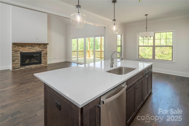 kitchen with a sink, dark wood-style floors, plenty of natural light, and dishwasher