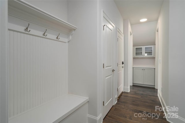 mudroom with baseboards and dark wood-type flooring