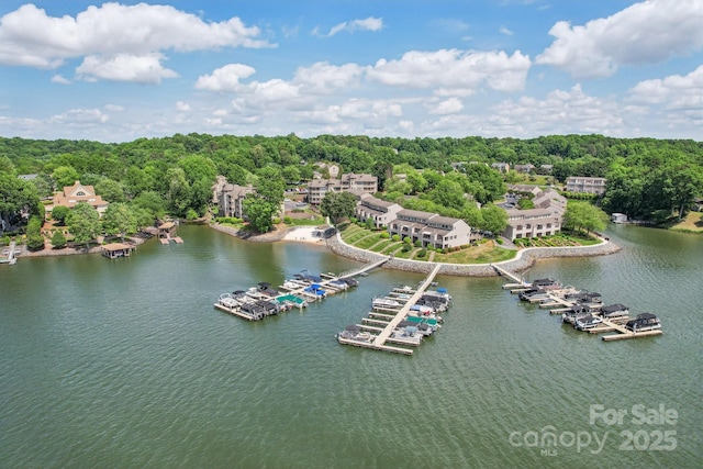 drone / aerial view featuring a water view and a forest view