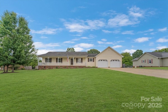 ranch-style home with covered porch, driveway, a garage, and a front lawn