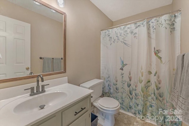 full bath with toilet, vanity, tile patterned floors, and a shower with shower curtain