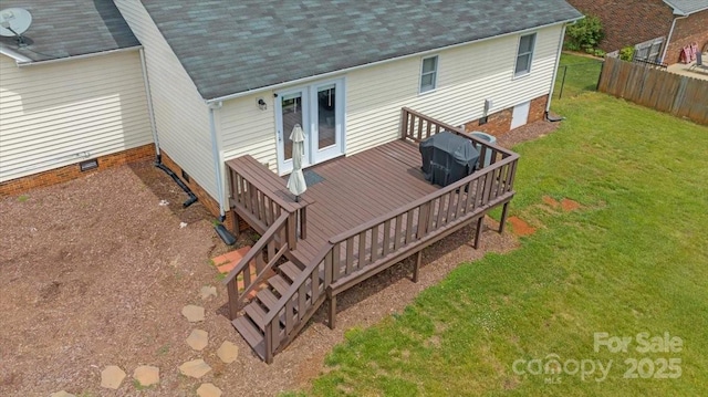 back of property featuring a shingled roof, a deck, crawl space, stairway, and central AC unit