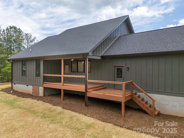 109 Ashley Ct, Mill Spring, NC 28756 - rear view of property with a shingled roof, a deck, board and batten siding, and crawl space
