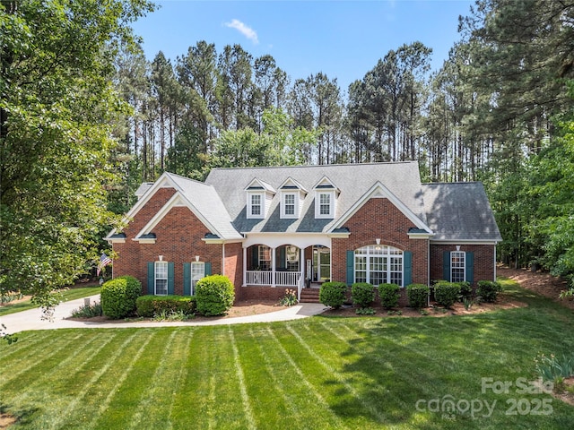 view of front facade featuring brick siding, covered porch, a front yard, and a shingled roof