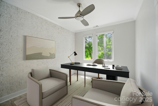945 Westbrook Dr Unit A, Charlotte, NC 28202 - home office featuring ornamental molding, wood finished floors, and ceiling fan